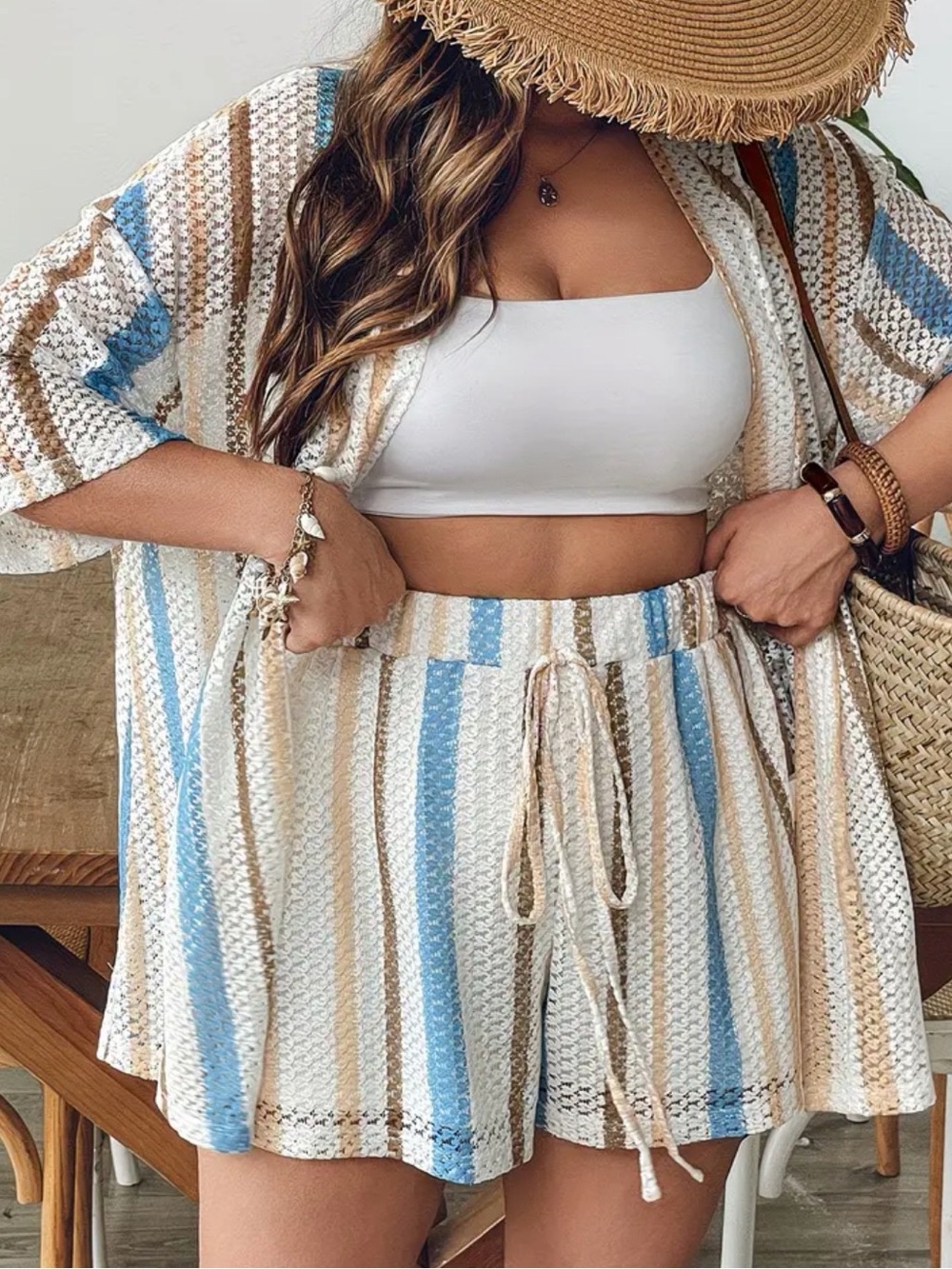 Plus Size Women’s Striped Swim Cover-Up in Blue, Tan & White